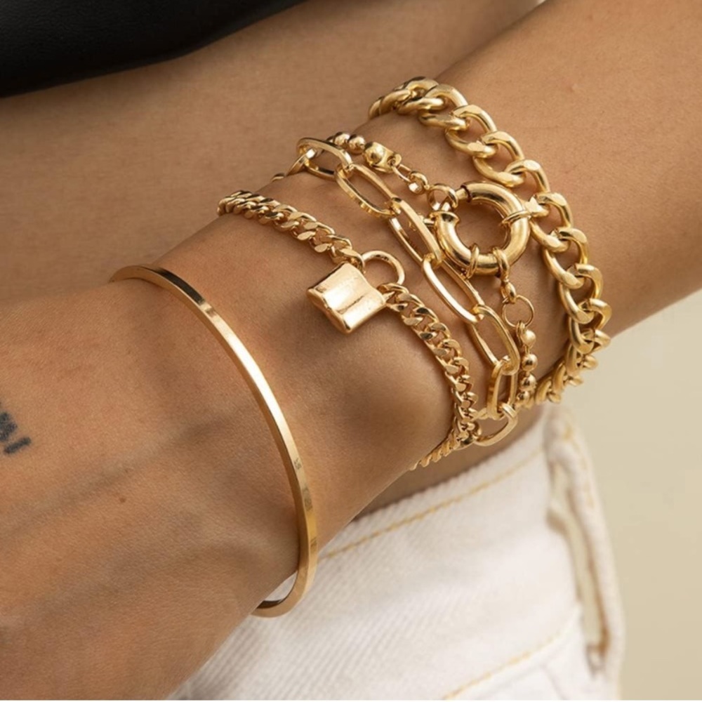 Stackable Gold Alloy Chunky Chain Link Lock Adjustable Bracelets Lot of 5. - Picture 3 of 6